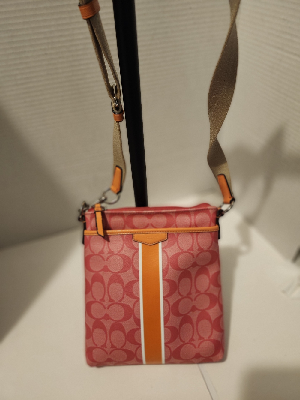 Coach Signature Crossbody Bag in Pink with Orange Stripe